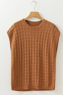 Clearance Dear-Lover Round Neck Textured Knit Sweater Vest Camel
