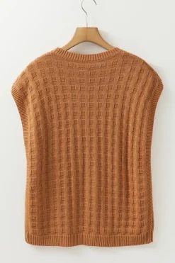 Clearance Dear-Lover Round Neck Textured Knit Sweater Vest Camel