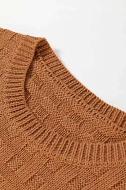 Clearance Dear-Lover Round Neck Textured Knit Sweater Vest Camel