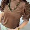 Online Dear-Lover Ruffled Arm Velvet Top Camel