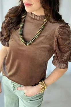 Online Dear-Lover Ruffled Arm Velvet Top Camel