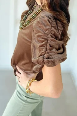 Online Dear-Lover Ruffled Arm Velvet Top Camel