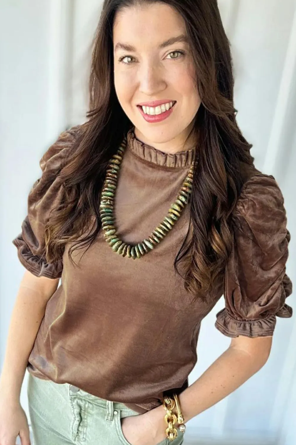 Online Dear-Lover Ruffled Arm Velvet Top Camel
