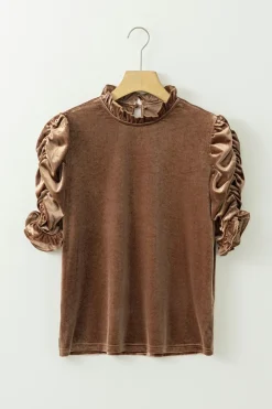 Online Dear-Lover Ruffled Arm Velvet Top Camel