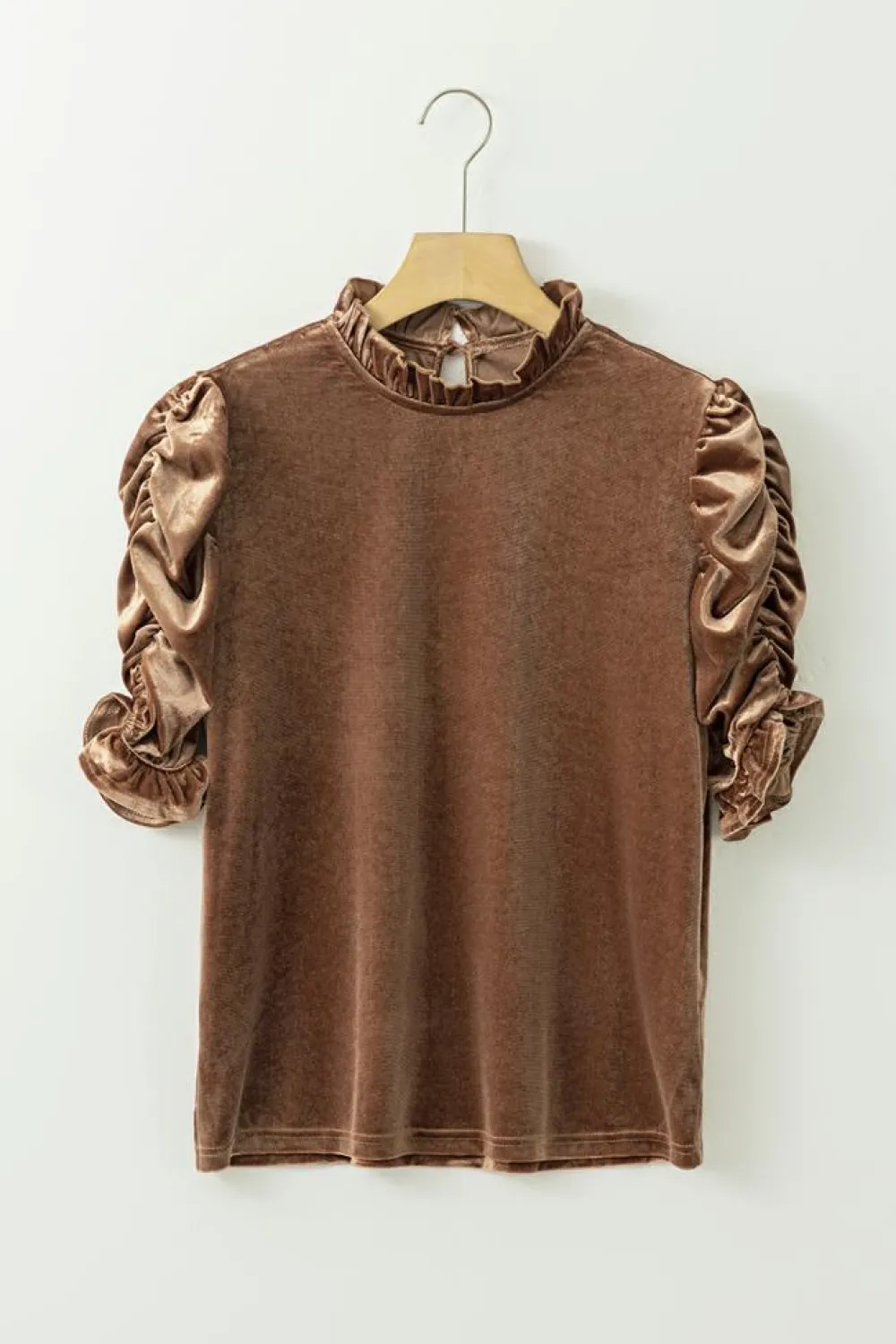 Online Dear-Lover Ruffled Arm Velvet Top Camel