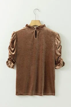 Online Dear-Lover Ruffled Arm Velvet Top Camel