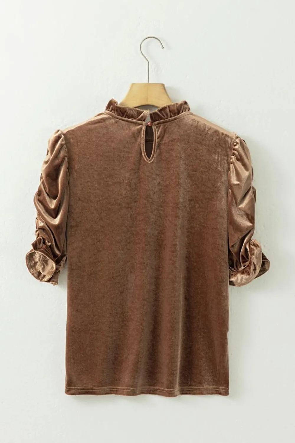 Online Dear-Lover Ruffled Arm Velvet Top Camel