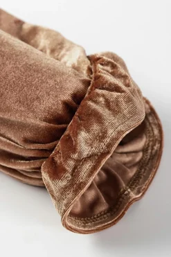 Online Dear-Lover Ruffled Arm Velvet Top Camel