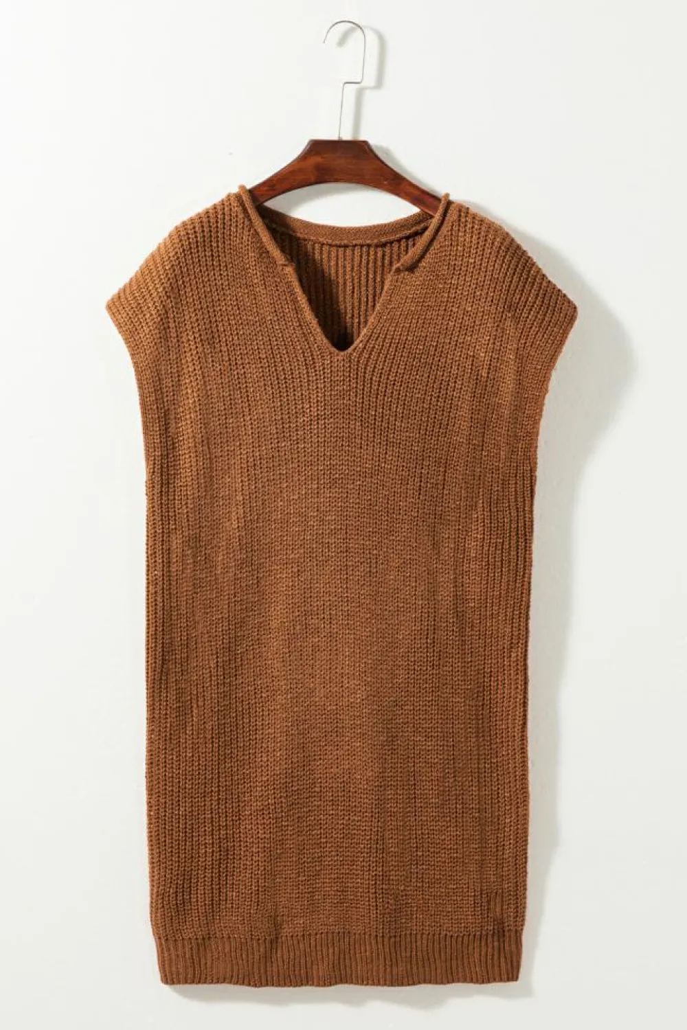 Fashion Dear-Lover Solid Color Short Sleeve Notched V Neck Sweater Dress Camel