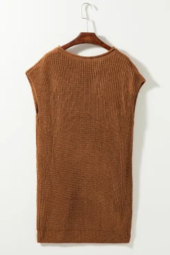 Fashion Dear-Lover Solid Color Short Sleeve Notched V Neck Sweater Dress Camel