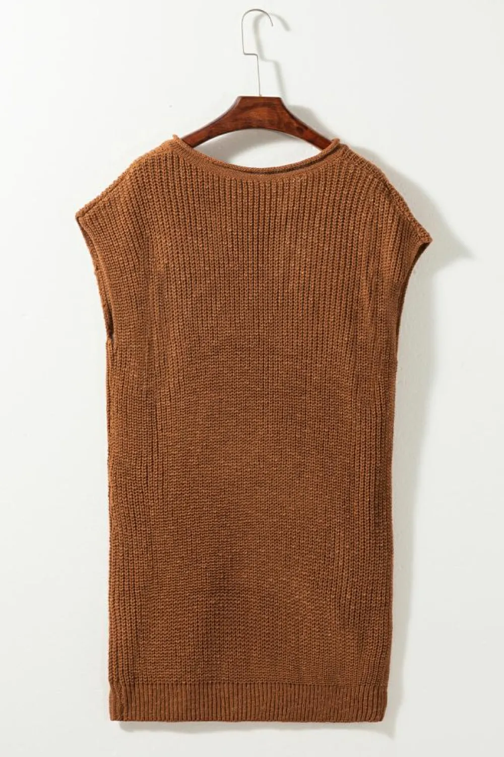 Fashion Dear-Lover Solid Color Short Sleeve Notched V Neck Sweater Dress Camel