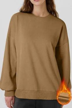 New Dear-Lover Solid Fleece Lined Drop Shoulder High Low Sweatshirt Camel