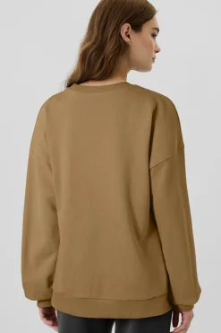 New Dear-Lover Solid Fleece Lined Drop Shoulder High Low Sweatshirt Camel