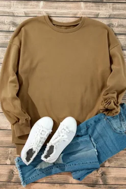New Dear-Lover Solid Fleece Lined Drop Shoulder High Low Sweatshirt Camel