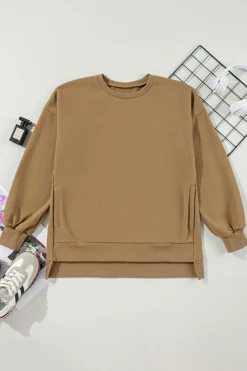 New Dear-Lover Solid Fleece Lined Drop Shoulder High Low Sweatshirt Camel
