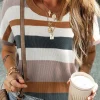 Discount Dear-Lover Striped Knit Crew Neck T Shirt Sweater Camel