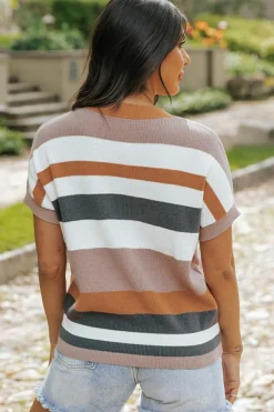 Discount Dear-Lover Striped Knit Crew Neck T Shirt Sweater Camel