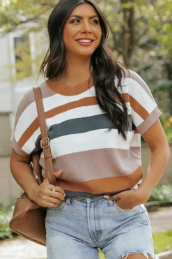 Discount Dear-Lover Striped Knit Crew Neck T Shirt Sweater Camel