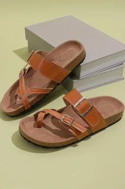 Sale Dear-Lover Suede Adjustable Strap Toe Ring Outdoor Slippers Camel