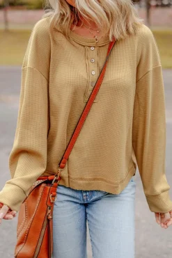 Discount Dear-Lover Textured Knit Half Button Drop Shoulder Oversized Top Camel