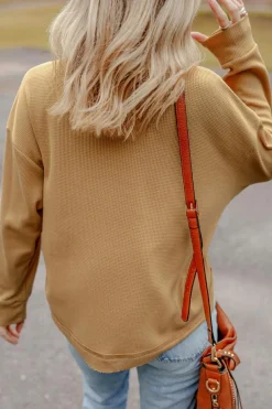 Discount Dear-Lover Textured Knit Half Button Drop Shoulder Oversized Top Camel
