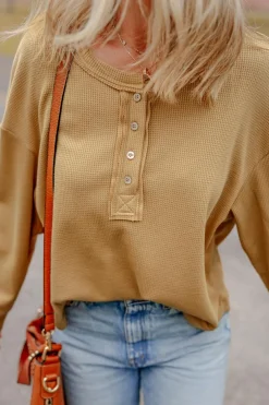 Discount Dear-Lover Textured Knit Half Button Drop Shoulder Oversized Top Camel