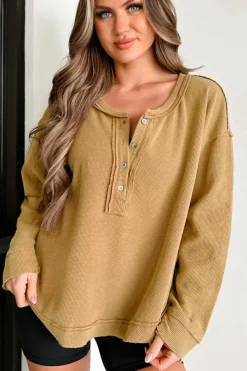 Discount Dear-Lover Textured Knit Half Button Drop Shoulder Oversized Top Camel