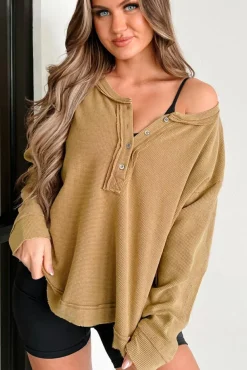 Discount Dear-Lover Textured Knit Half Button Drop Shoulder Oversized Top Camel