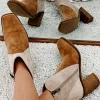 Discount Dear-Lover Two Tone Faux Suede Square Toe Chunky Heel Boots Camel