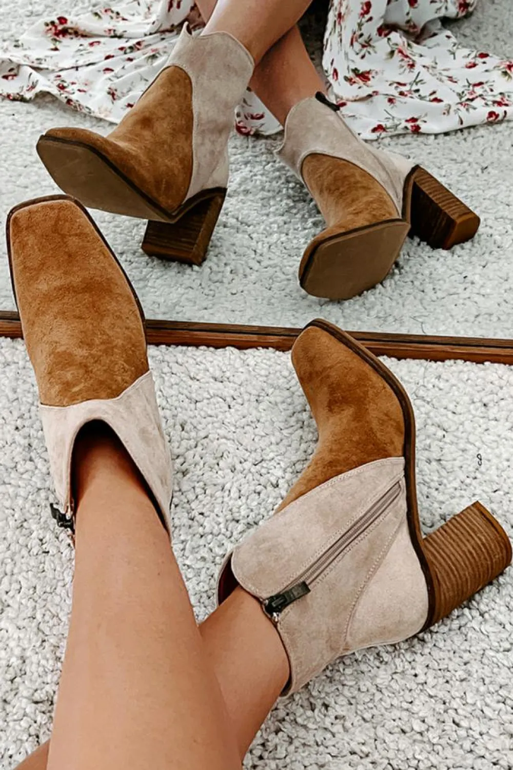 Discount Dear-Lover Two Tone Faux Suede Square Toe Chunky Heel Boots Camel