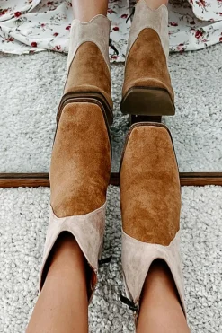 Discount Dear-Lover Two Tone Faux Suede Square Toe Chunky Heel Boots Camel