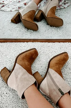 Discount Dear-Lover Two Tone Faux Suede Square Toe Chunky Heel Boots Camel