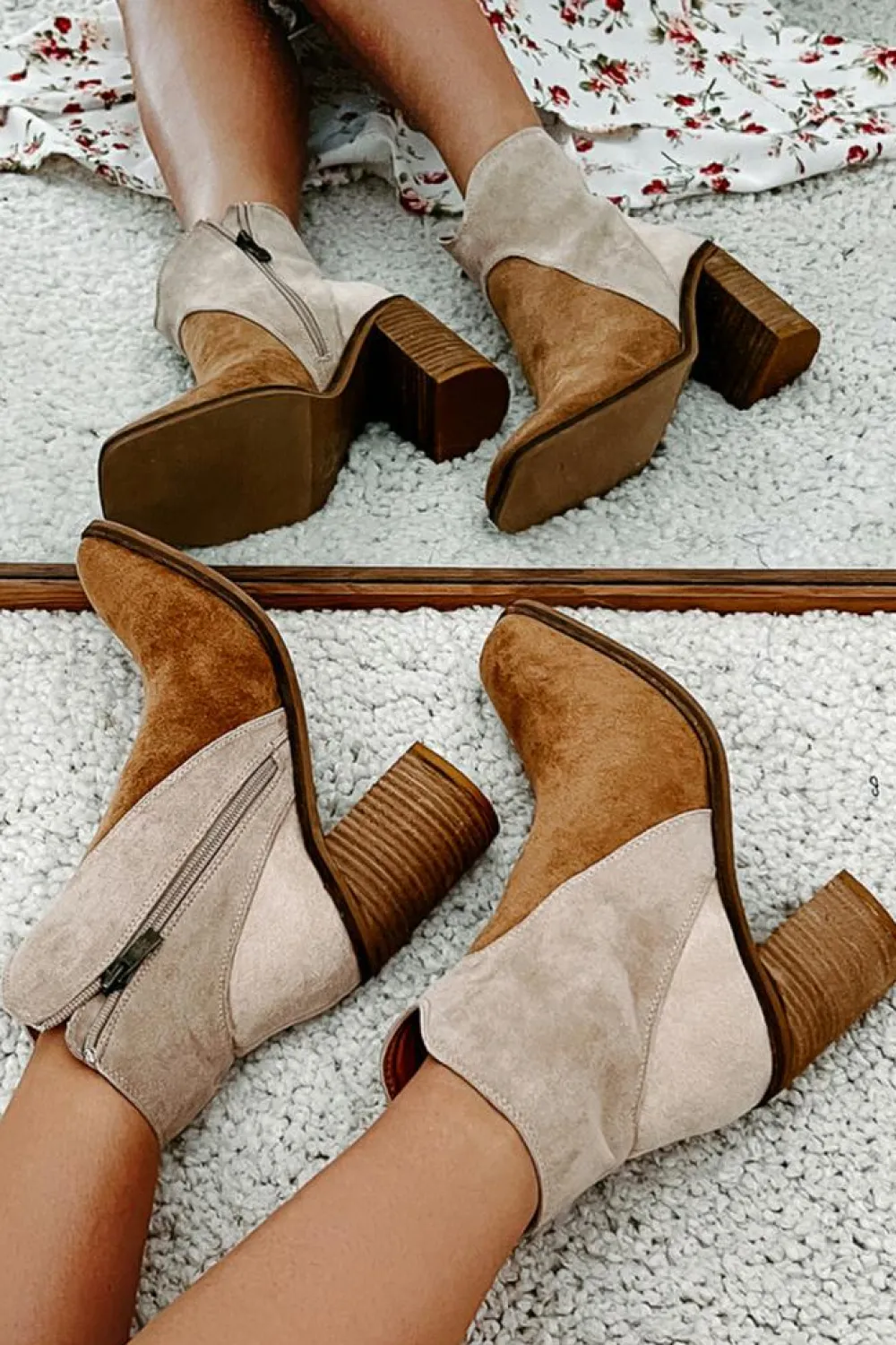 Discount Dear-Lover Two Tone Faux Suede Square Toe Chunky Heel Boots Camel
