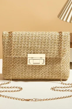 Fashion Dear-Lover Woven Chain Strap Flap Shoulder Bag Camel