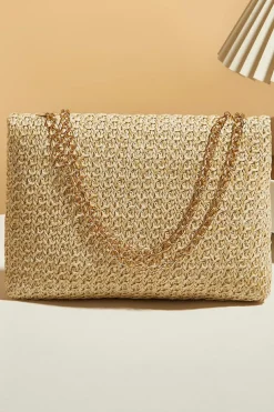 Fashion Dear-Lover Woven Chain Strap Flap Shoulder Bag Camel