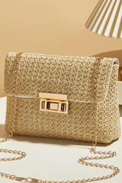 Fashion Dear-Lover Woven Chain Strap Flap Shoulder Bag Camel