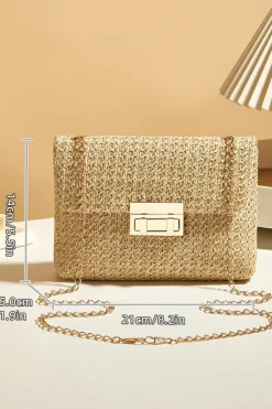 Fashion Dear-Lover Woven Chain Strap Flap Shoulder Bag Camel