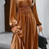 Online Dear-Lover Wrap V Neck Smocked High Waist Velvet Midi Dress Camel