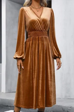 Online Dear-Lover Wrap V Neck Smocked High Waist Velvet Midi Dress Camel