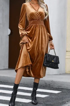 Online Dear-Lover Wrap V Neck Smocked High Waist Velvet Midi Dress Camel