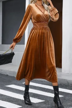 Online Dear-Lover Wrap V Neck Smocked High Waist Velvet Midi Dress Camel
