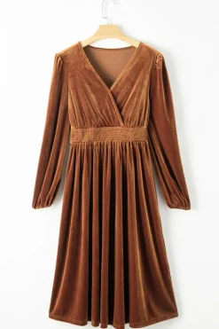 Online Dear-Lover Wrap V Neck Smocked High Waist Velvet Midi Dress Camel