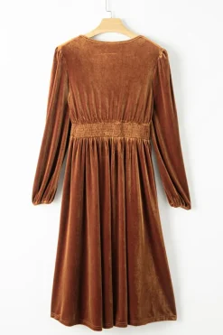 Online Dear-Lover Wrap V Neck Smocked High Waist Velvet Midi Dress Camel
