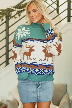 Hot Dear-Lover Christmas Reindeer Snowflake Colorblock Turtleneck Sweater Canton