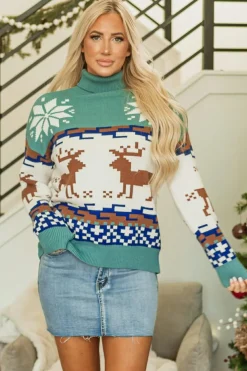 Hot Dear-Lover Christmas Reindeer Snowflake Colorblock Turtleneck Sweater Canton