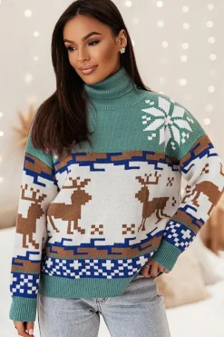 Hot Dear-Lover Christmas Reindeer Snowflake Colorblock Turtleneck Sweater Canton