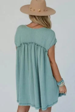 Online Dear-Lover Corded Knit Textured Patched Pocket Frilled Swing Mini Dress with Pockets Canton