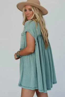 Online Dear-Lover Corded Knit Textured Patched Pocket Frilled Swing Mini Dress with Pockets Canton