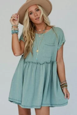 Online Dear-Lover Corded Knit Textured Patched Pocket Frilled Swing Mini Dress with Pockets Canton