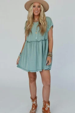 Online Dear-Lover Corded Knit Textured Patched Pocket Frilled Swing Mini Dress with Pockets Canton